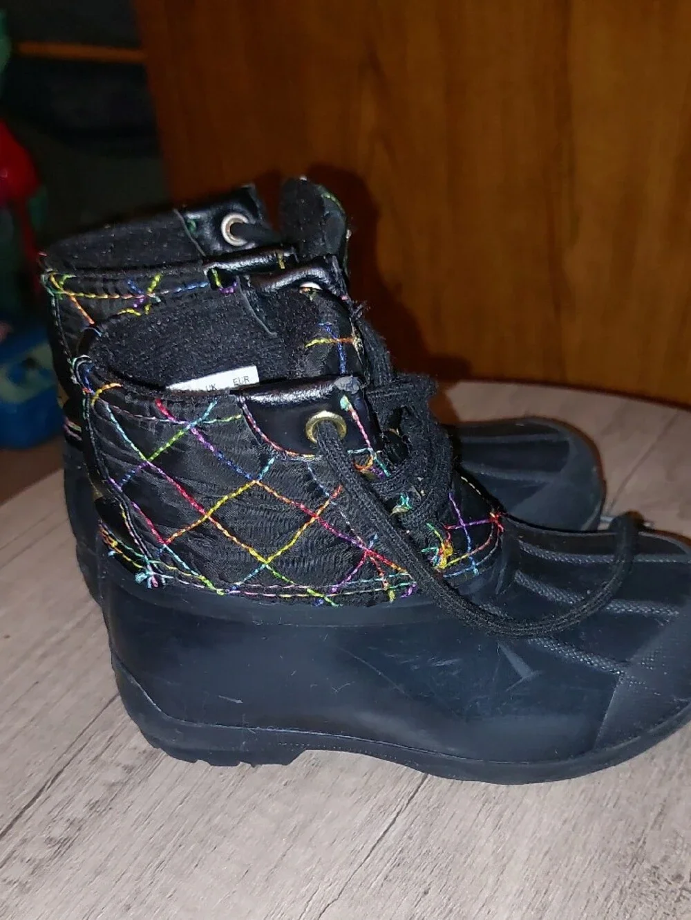 Sperry Black Kids Waterproof Duck Boots with Rainbow Stitching